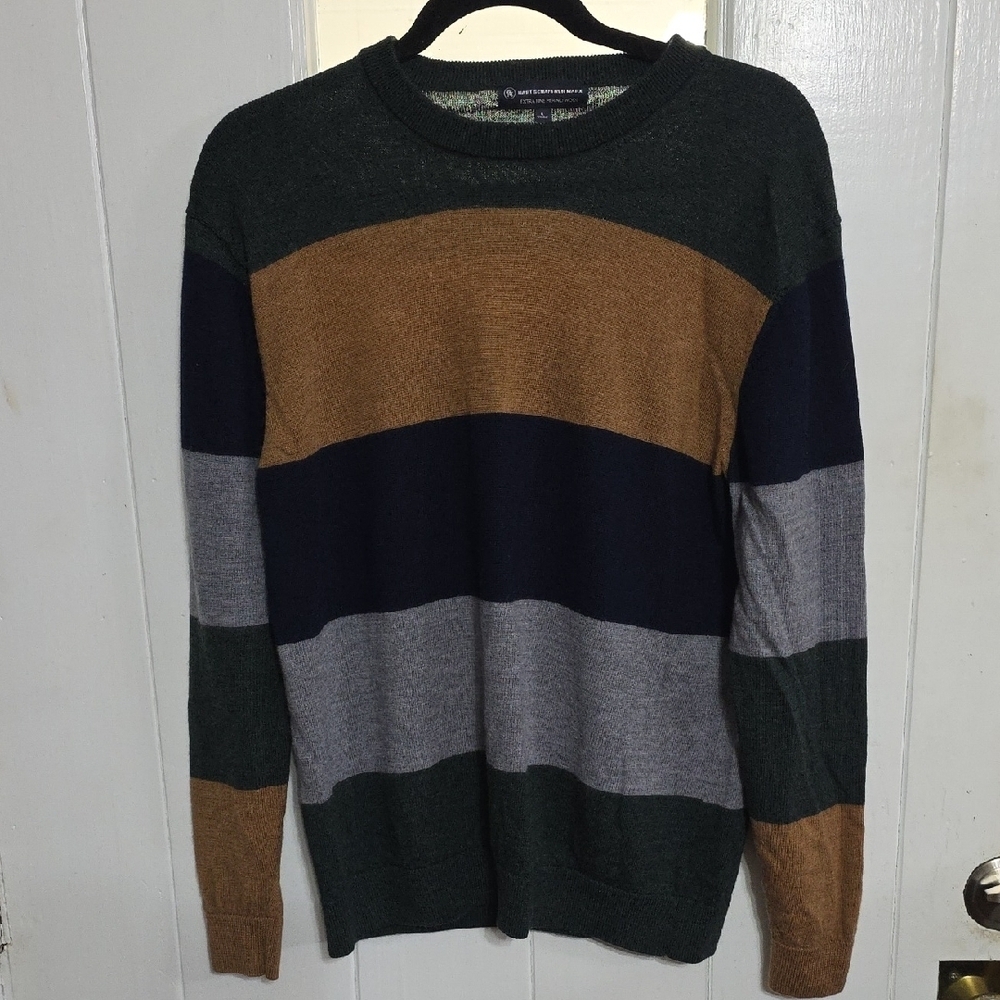 Hart Schaffner Marx Men's Merino Wool Striped Sweater - Green, Gray, Brown SZ L